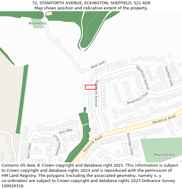 72, STANIFORTH AVENUE, ECKINGTON, SHEFFIELD, S21 4GR: Location map and indicative extent of plot