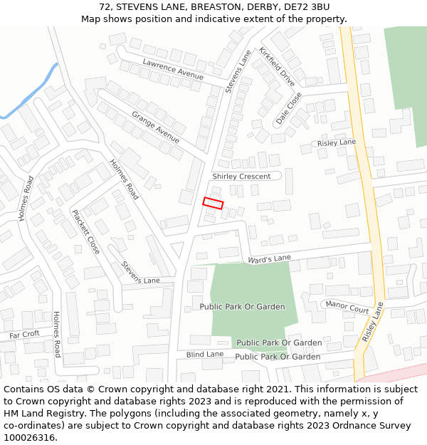 72, STEVENS LANE, BREASTON, DERBY, DE72 3BU: Location map and indicative extent of plot