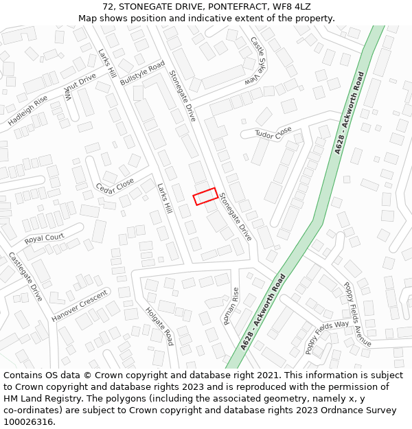 72, STONEGATE DRIVE, PONTEFRACT, WF8 4LZ: Location map and indicative extent of plot