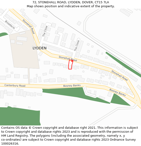 72, STONEHALL ROAD, LYDDEN, DOVER, CT15 7LA: Location map and indicative extent of plot