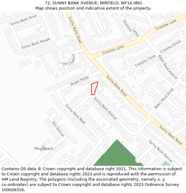 72, SUNNY BANK AVENUE, MIRFIELD, WF14 0NG: Location map and indicative extent of plot