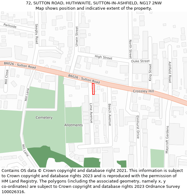 72, SUTTON ROAD, HUTHWAITE, SUTTON-IN-ASHFIELD, NG17 2NW: Location map and indicative extent of plot