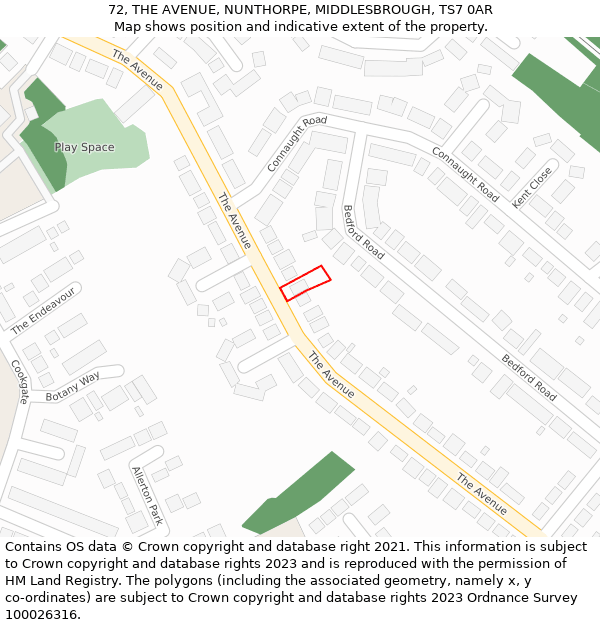 72, THE AVENUE, NUNTHORPE, MIDDLESBROUGH, TS7 0AR: Location map and indicative extent of plot