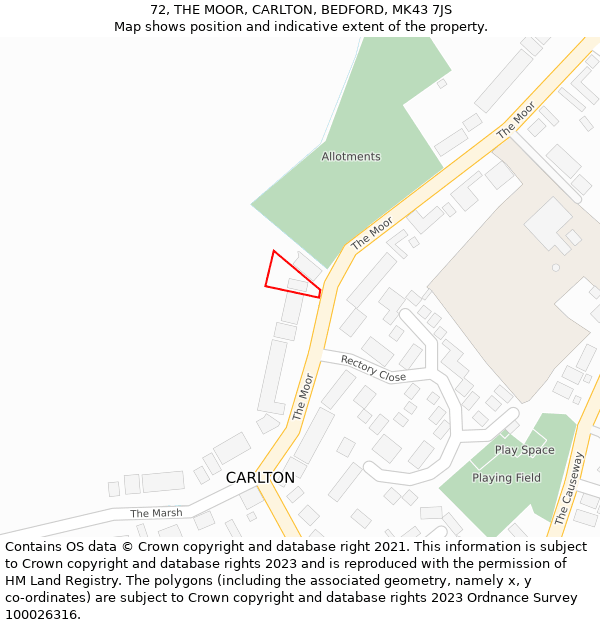 72, THE MOOR, CARLTON, BEDFORD, MK43 7JS: Location map and indicative extent of plot
