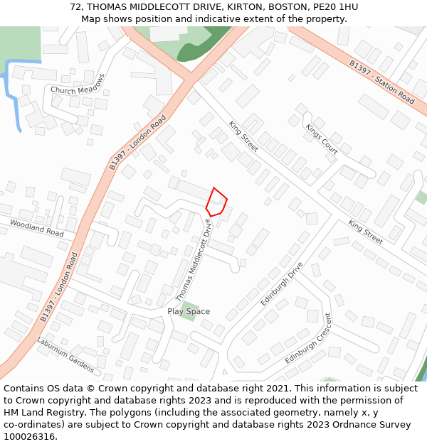 72, THOMAS MIDDLECOTT DRIVE, KIRTON, BOSTON, PE20 1HU: Location map and indicative extent of plot