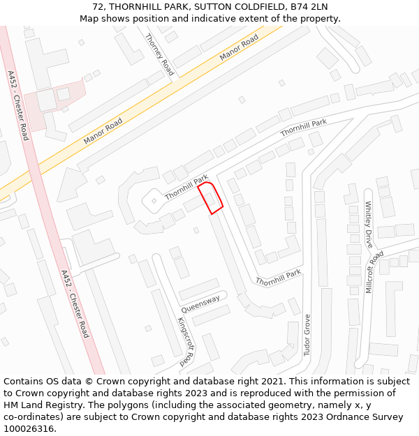 72, THORNHILL PARK, SUTTON COLDFIELD, B74 2LN: Location map and indicative extent of plot