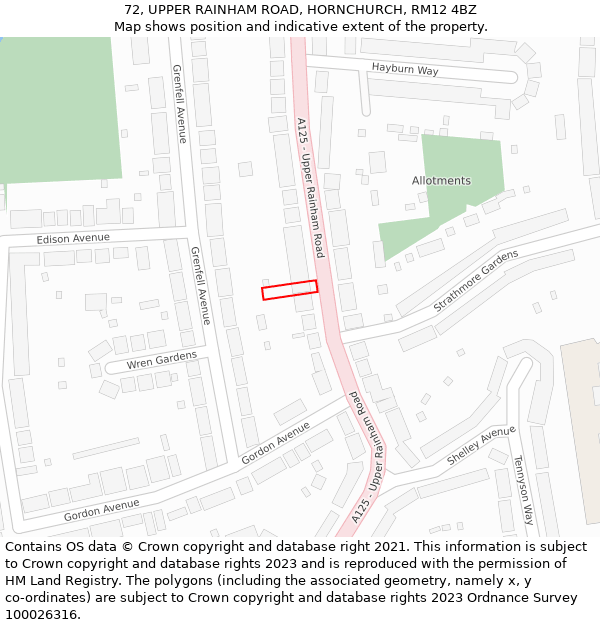 72, UPPER RAINHAM ROAD, HORNCHURCH, RM12 4BZ: Location map and indicative extent of plot