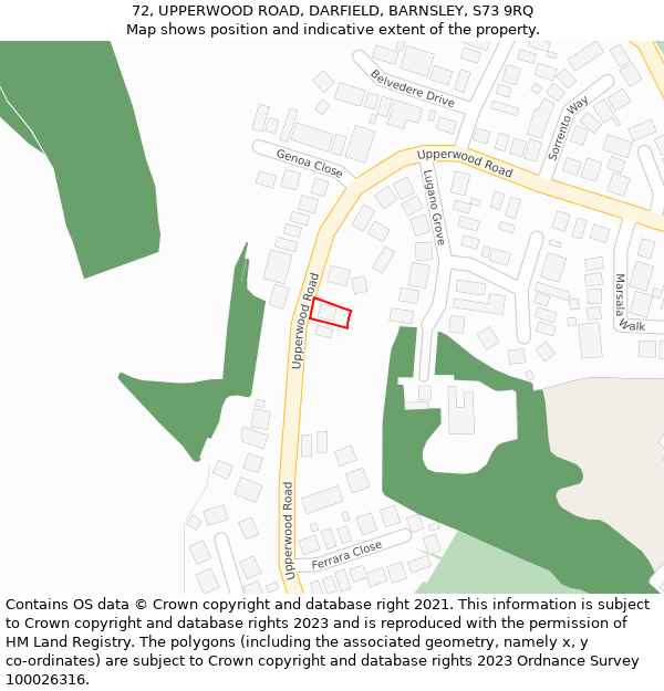 72, UPPERWOOD ROAD, DARFIELD, BARNSLEY, S73 9RQ: Location map and indicative extent of plot