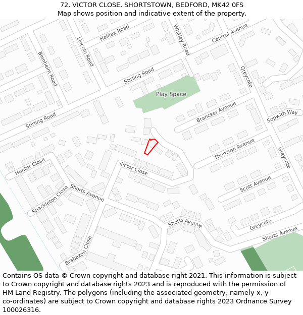 72, VICTOR CLOSE, SHORTSTOWN, BEDFORD, MK42 0FS: Location map and indicative extent of plot