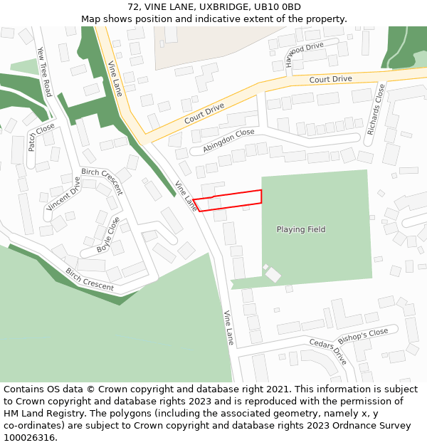 72, VINE LANE, UXBRIDGE, UB10 0BD: Location map and indicative extent of plot