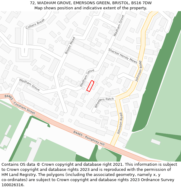 72, WADHAM GROVE, EMERSONS GREEN, BRISTOL, BS16 7DW: Location map and indicative extent of plot