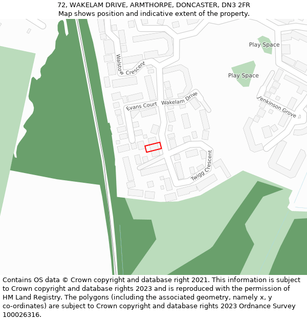 72, WAKELAM DRIVE, ARMTHORPE, DONCASTER, DN3 2FR: Location map and indicative extent of plot