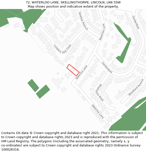 72, WATERLOO LANE, SKELLINGTHORPE, LINCOLN, LN6 5SW: Location map and indicative extent of plot