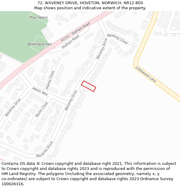 72, WAVENEY DRIVE, HOVETON, NORWICH, NR12 8DS: Location map and indicative extent of plot