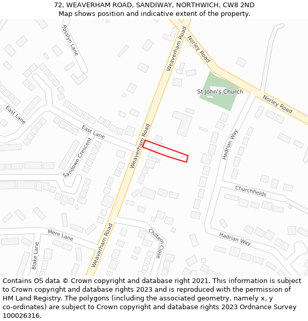 72, WEAVERHAM ROAD, SANDIWAY, NORTHWICH, CW8 2ND: Location map and indicative extent of plot