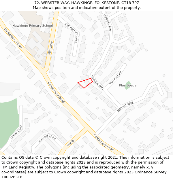 72, WEBSTER WAY, HAWKINGE, FOLKESTONE, CT18 7PZ: Location map and indicative extent of plot