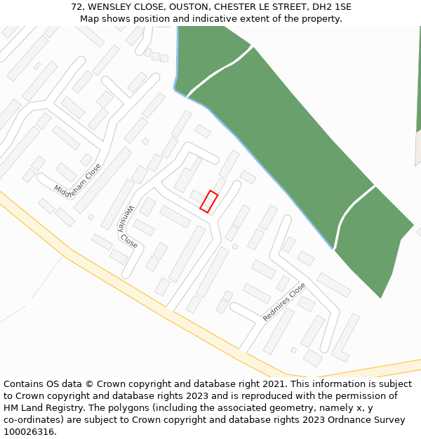 72, WENSLEY CLOSE, OUSTON, CHESTER LE STREET, DH2 1SE: Location map and indicative extent of plot