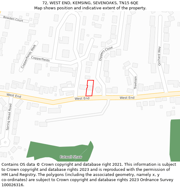 72, WEST END, KEMSING, SEVENOAKS, TN15 6QE: Location map and indicative extent of plot