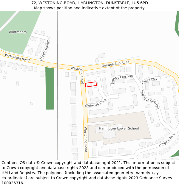 72, WESTONING ROAD, HARLINGTON, DUNSTABLE, LU5 6PD: Location map and indicative extent of plot