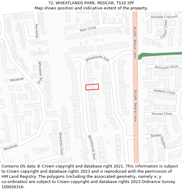 72, WHEATLANDS PARK, REDCAR, TS10 2PF: Location map and indicative extent of plot