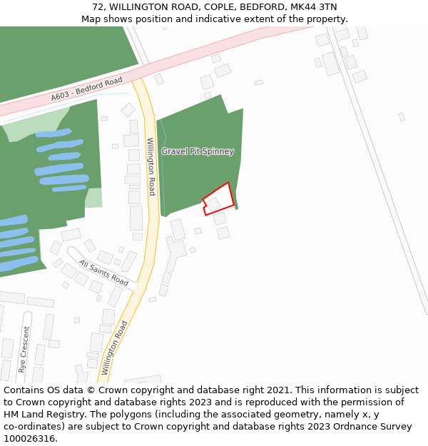 72, WILLINGTON ROAD, COPLE, BEDFORD, MK44 3TN: Location map and indicative extent of plot