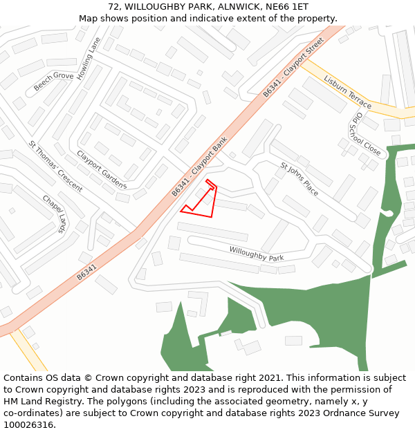72, WILLOUGHBY PARK, ALNWICK, NE66 1ET: Location map and indicative extent of plot