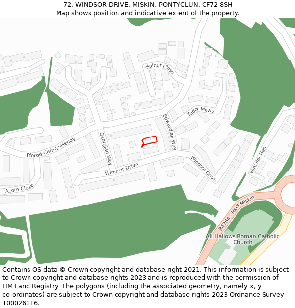 72, WINDSOR DRIVE, MISKIN, PONTYCLUN, CF72 8SH: Location map and indicative extent of plot