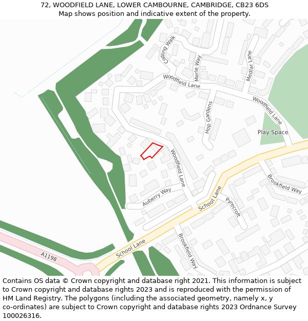 72, WOODFIELD LANE, LOWER CAMBOURNE, CAMBRIDGE, CB23 6DS: Location map and indicative extent of plot