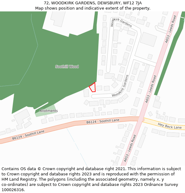 72, WOODKIRK GARDENS, DEWSBURY, WF12 7JA: Location map and indicative extent of plot