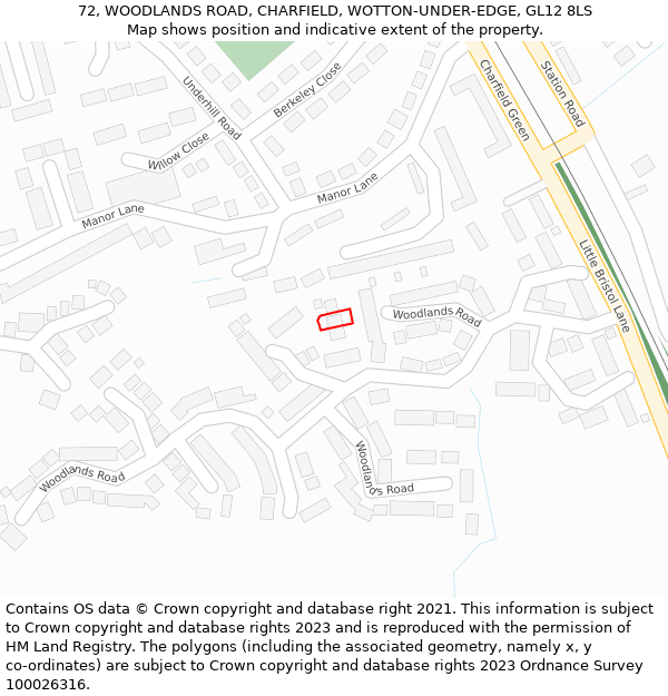 72, WOODLANDS ROAD, CHARFIELD, WOTTON-UNDER-EDGE, GL12 8LS: Location map and indicative extent of plot