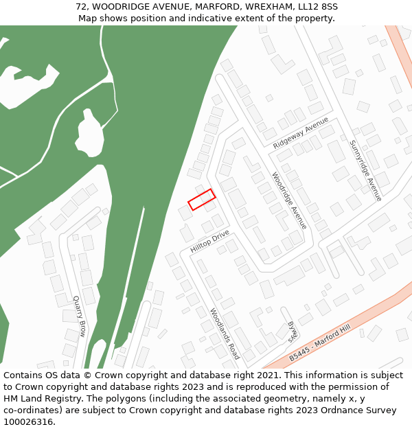 72, WOODRIDGE AVENUE, MARFORD, WREXHAM, LL12 8SS: Location map and indicative extent of plot