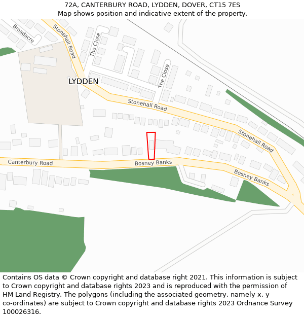 72A, CANTERBURY ROAD, LYDDEN, DOVER, CT15 7ES: Location map and indicative extent of plot