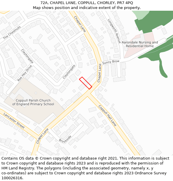 72A, CHAPEL LANE, COPPULL, CHORLEY, PR7 4PQ: Location map and indicative extent of plot