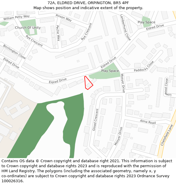 72A, ELDRED DRIVE, ORPINGTON, BR5 4PF: Location map and indicative extent of plot