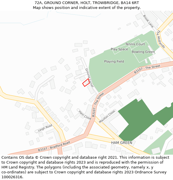 72A, GROUND CORNER, HOLT, TROWBRIDGE, BA14 6RT: Location map and indicative extent of plot