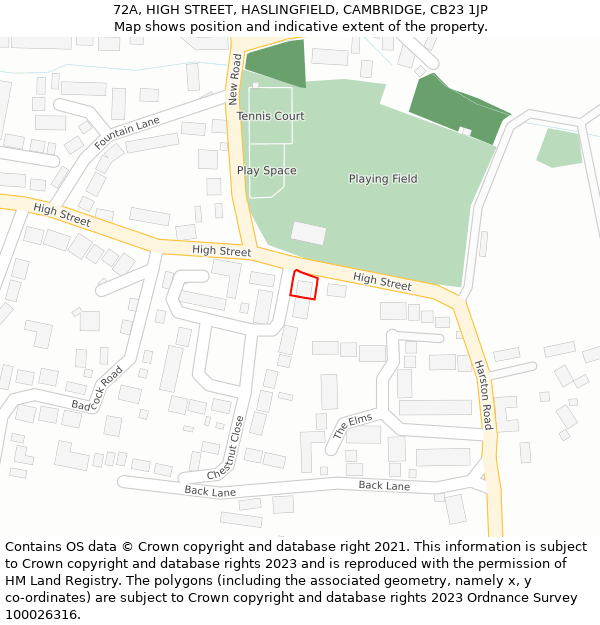 72A, HIGH STREET, HASLINGFIELD, CAMBRIDGE, CB23 1JP: Location map and indicative extent of plot