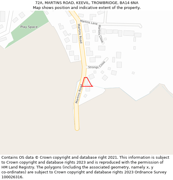 72A, MARTINS ROAD, KEEVIL, TROWBRIDGE, BA14 6NA: Location map and indicative extent of plot