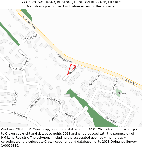 72A, VICARAGE ROAD, PITSTONE, LEIGHTON BUZZARD, LU7 9EY: Location map and indicative extent of plot