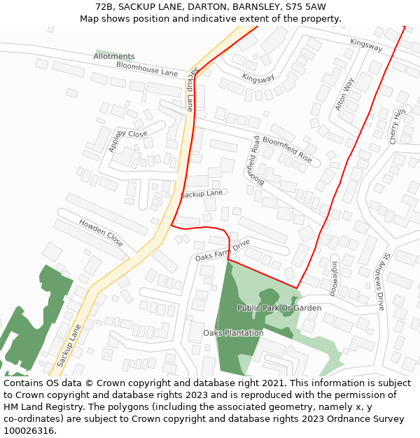 72B, SACKUP LANE, DARTON, BARNSLEY, S75 5AW: Location map and indicative extent of plot