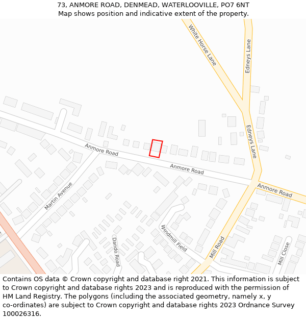 73, ANMORE ROAD, DENMEAD, WATERLOOVILLE, PO7 6NT: Location map and indicative extent of plot