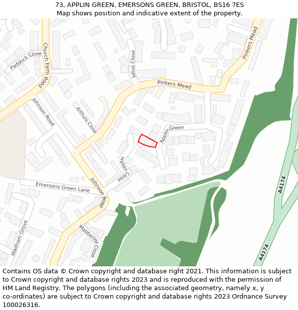 73, APPLIN GREEN, EMERSONS GREEN, BRISTOL, BS16 7ES: Location map and indicative extent of plot