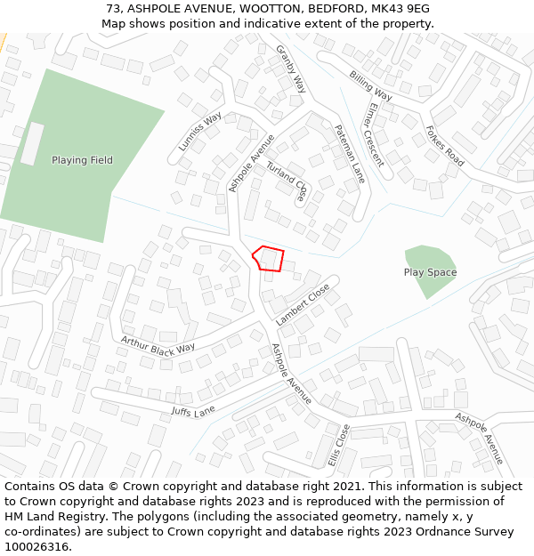 73, ASHPOLE AVENUE, WOOTTON, BEDFORD, MK43 9EG: Location map and indicative extent of plot