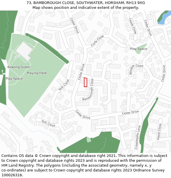 73, BAMBOROUGH CLOSE, SOUTHWATER, HORSHAM, RH13 9XG: Location map and indicative extent of plot