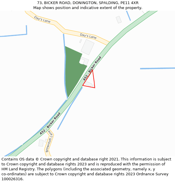 73, BICKER ROAD, DONINGTON, SPALDING, PE11 4XR: Location map and indicative extent of plot
