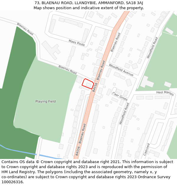 73, BLAENAU ROAD, LLANDYBIE, AMMANFORD, SA18 3AJ: Location map and indicative extent of plot