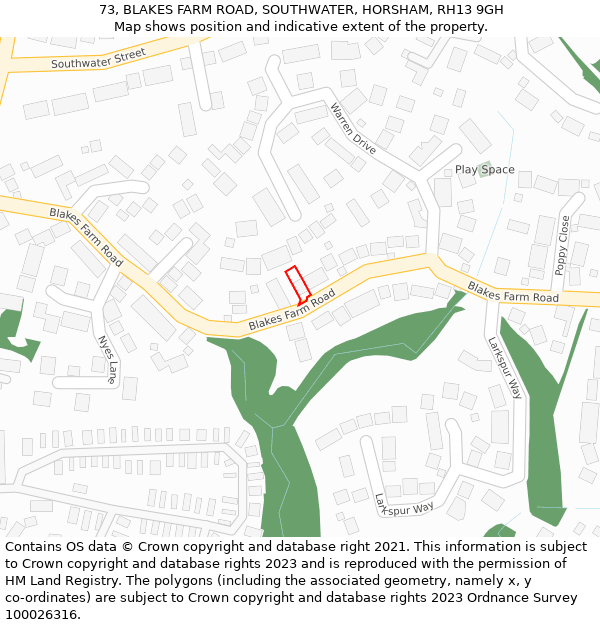 73, BLAKES FARM ROAD, SOUTHWATER, HORSHAM, RH13 9GH: Location map and indicative extent of plot