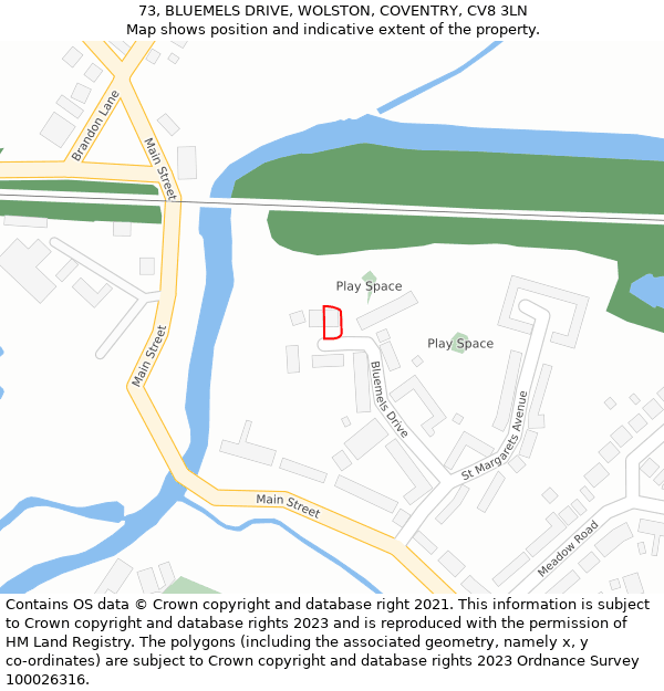 73, BLUEMELS DRIVE, WOLSTON, COVENTRY, CV8 3LN: Location map and indicative extent of plot