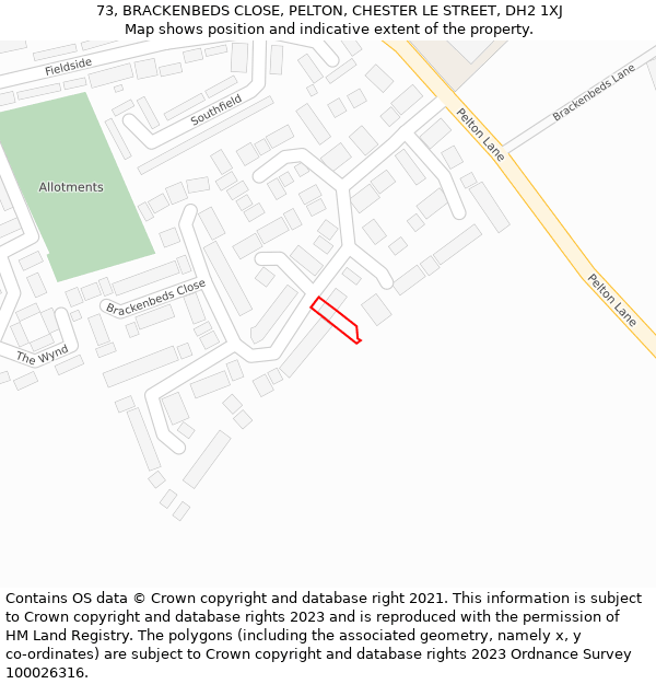 73, BRACKENBEDS CLOSE, PELTON, CHESTER LE STREET, DH2 1XJ: Location map and indicative extent of plot