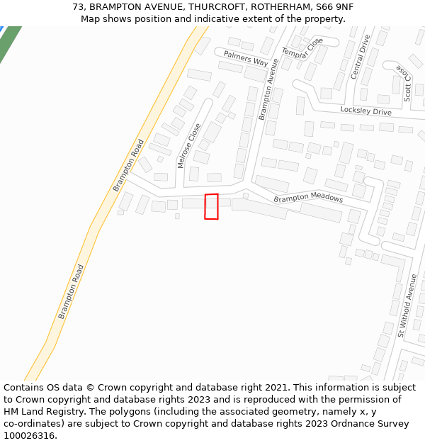 73, BRAMPTON AVENUE, THURCROFT, ROTHERHAM, S66 9NF: Location map and indicative extent of plot