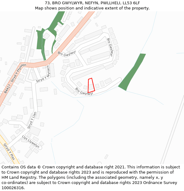 73, BRO GWYLWYR, NEFYN, PWLLHELI, LL53 6LF: Location map and indicative extent of plot